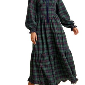 Women's Plaid Maxi Dress, Vintage Square Neck Long Sleeve - Main View