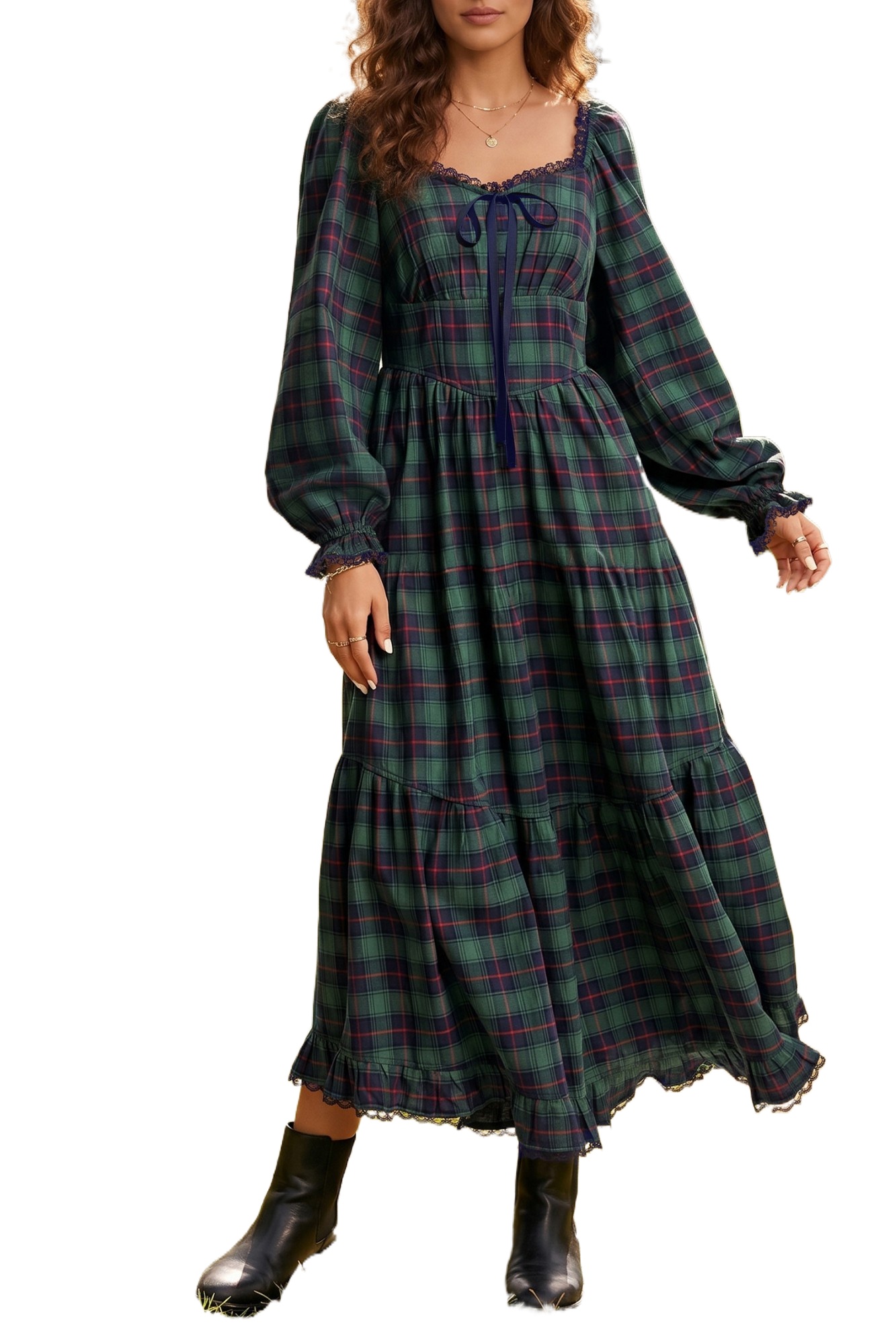 Women's Plaid Maxi Dress, Vintage Square Neck Long Sleeve - Main View