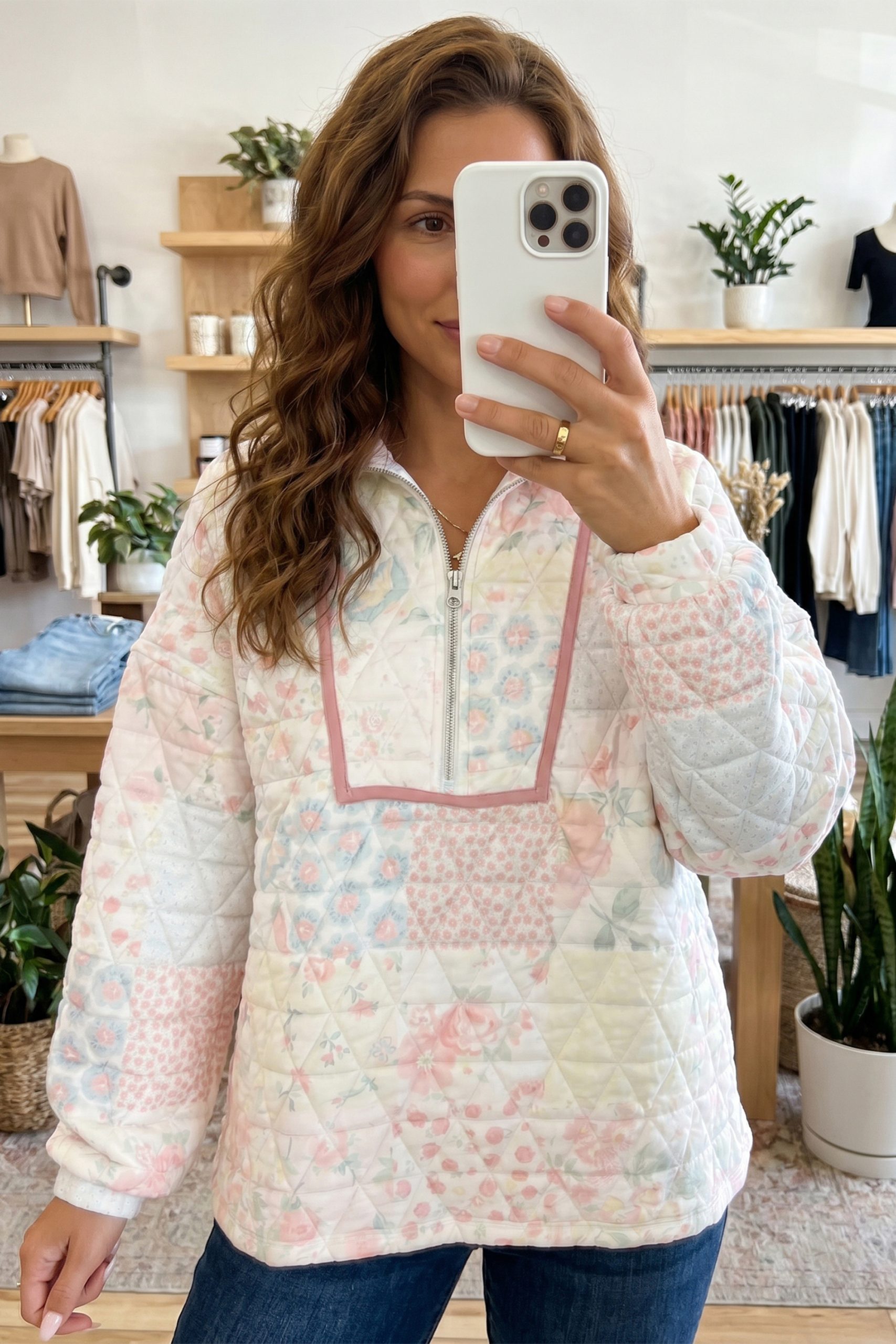 Women's Colorblock Quilted Sweatshirt, Winter Floral Top - Detail View 3