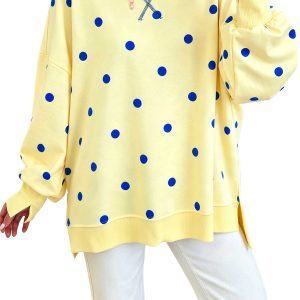 Women's Polka Dot Pullover, Oversized Yellow Long Sleeve Top - Main View