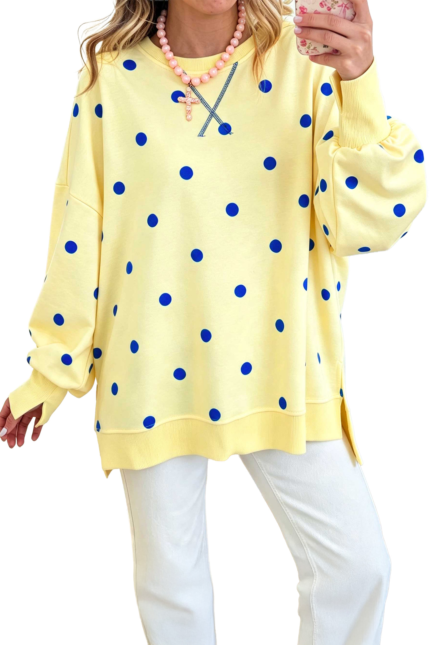 Women's Polka Dot Pullover, Oversized Yellow Long Sleeve Top - Main View