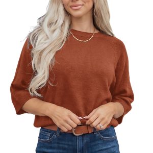 Women's Knit Sweater, Casual Coffee Round Neck Short Sleeve - Main View