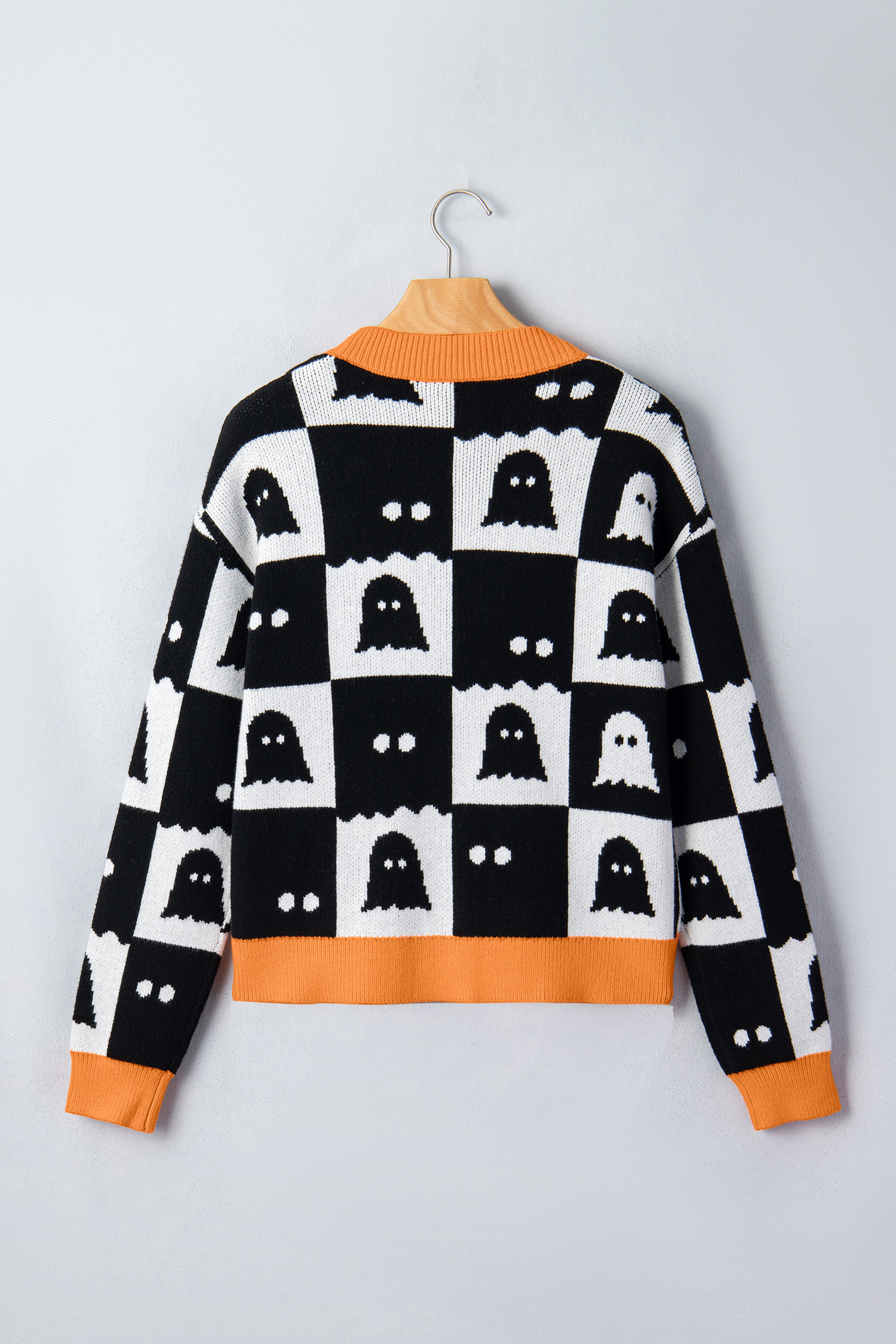 Black Orange Ghost Cardigan, Festive Long Sleeve Knit Layer - Detail View 6