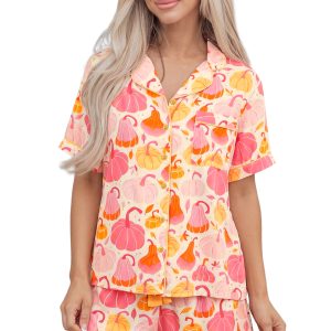 Women's Pumpkin Print Lounge Set, Short Sleeve Button Pajamas - Main View