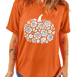 Women's Floral Pumpkin T Shirt, Casual Orange Short Sleeve - Main View