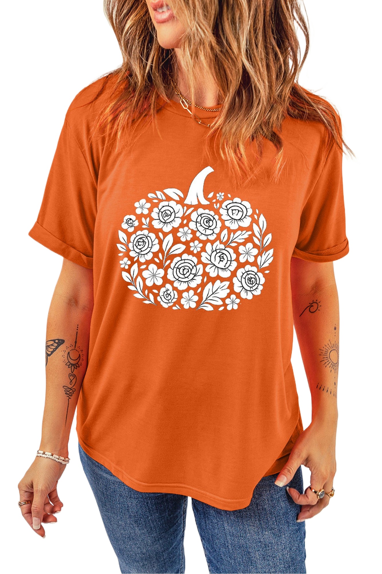 Women's Floral Pumpkin T Shirt, Casual Orange Short Sleeve - Main View