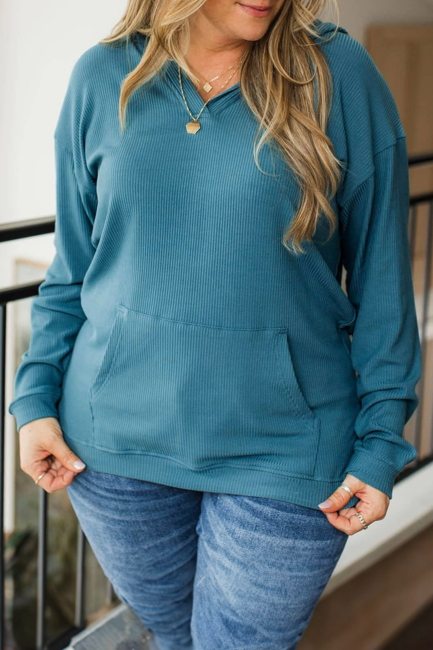 Soft Ribbed Hooded Pullover, Comfortable Daily Casual Top - Detail View 9