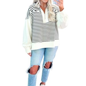 Women's Striped Zip Collar Top, Casual Long Sleeve Pullover - Main View