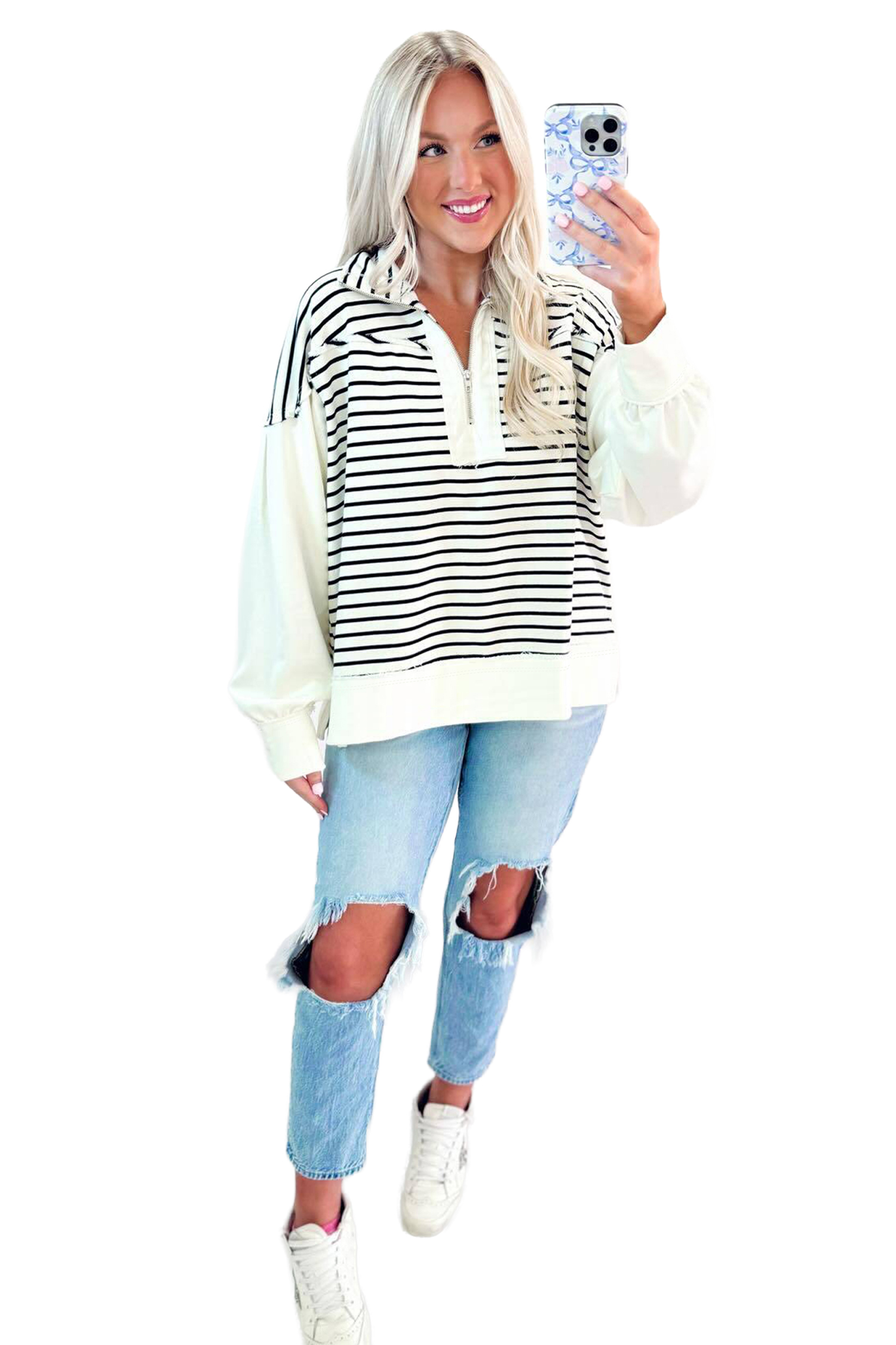 Women's Striped Zip Collar Top, Casual Long Sleeve Pullover - Main View