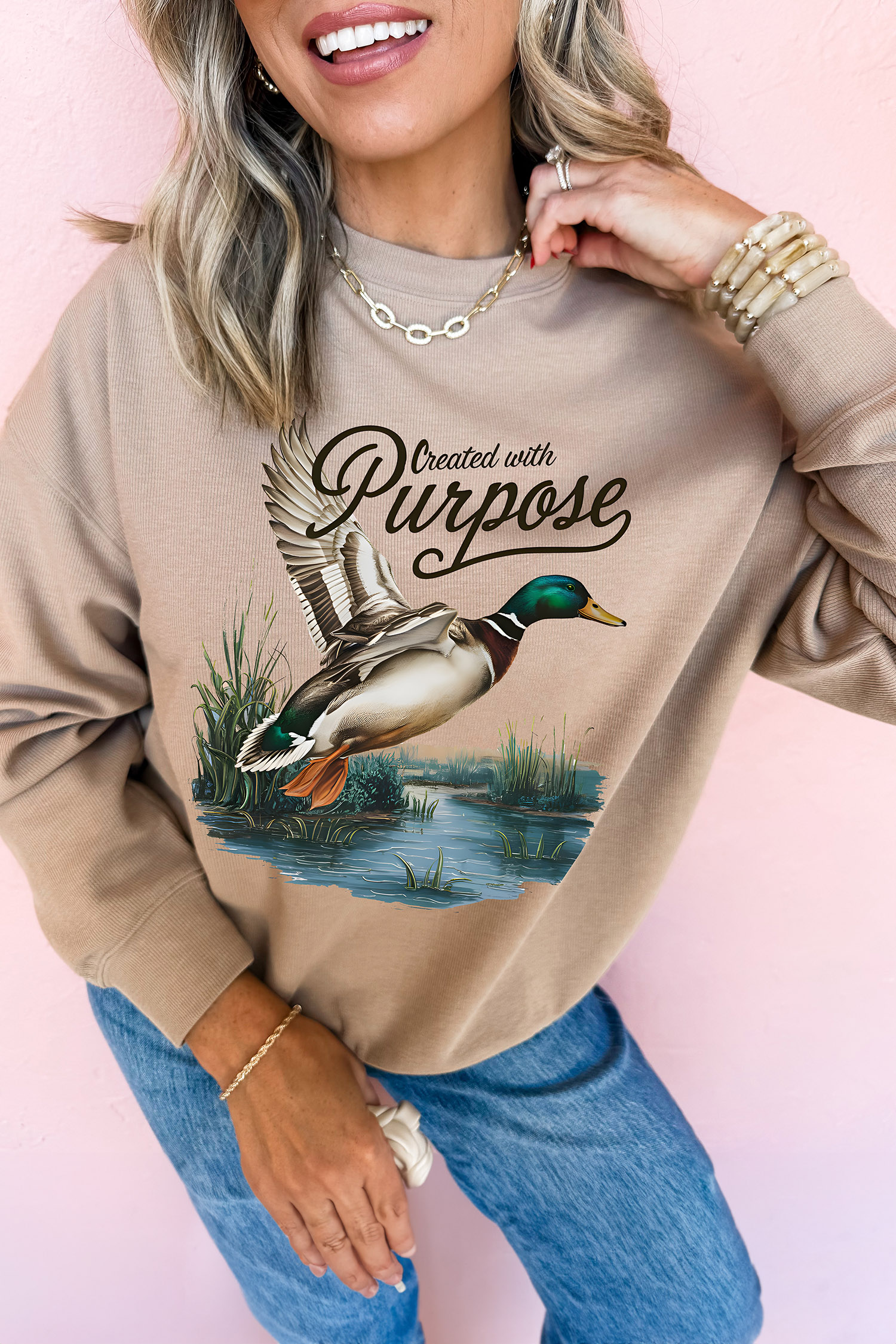 Western Mallard Print Pullover, Casual Khaki Crewneck Top - Detail View 8