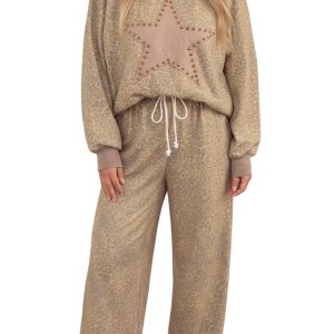 Women's Two Piece Pants Set, Casual Khaki Star Print - Main View