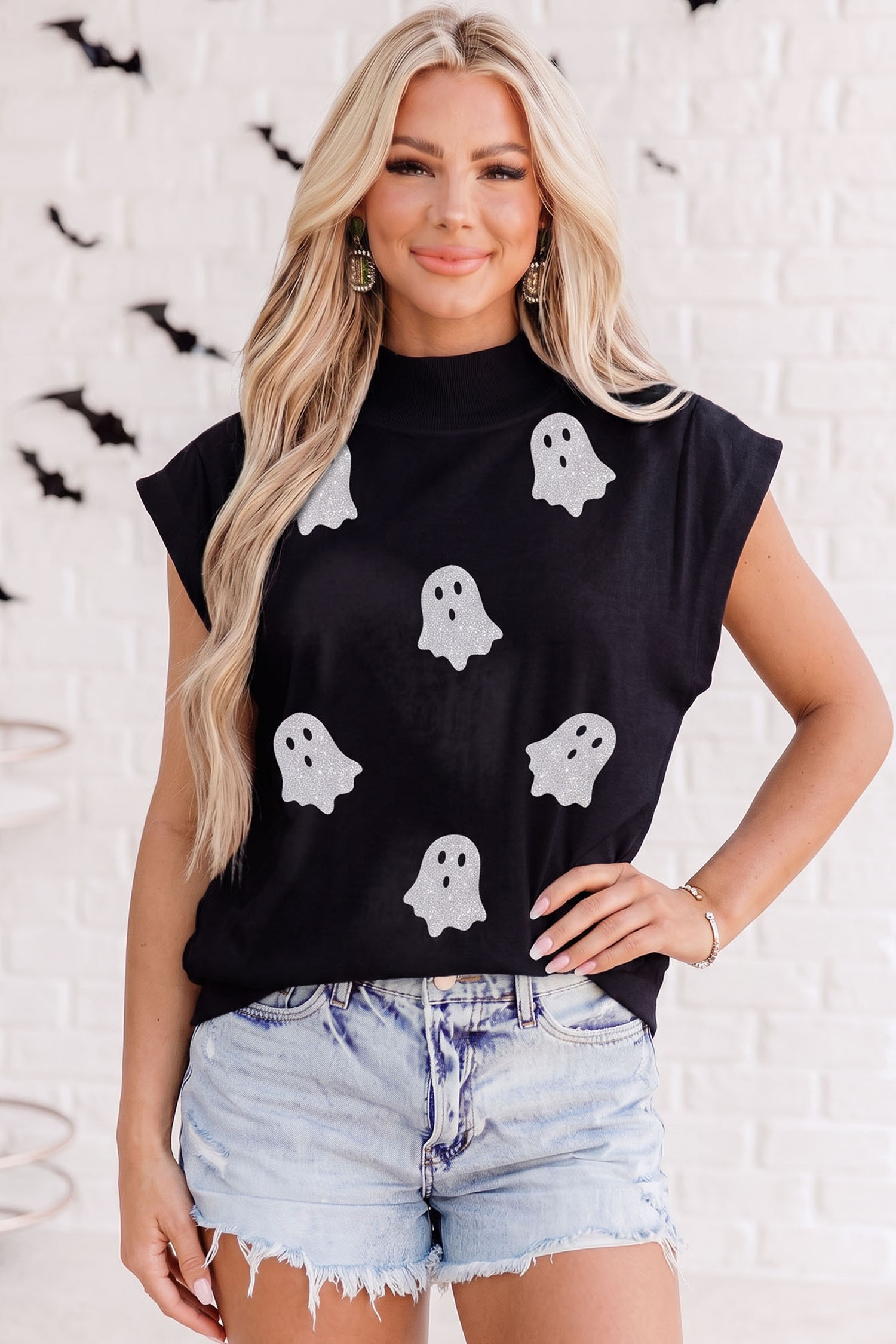 Women's Mock Neck Ghost Shirt, Glitter Graphic Casual Top - Detail View 5