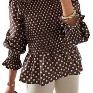 Women's Polka Dot Blouse, Elegant High Neck Shirred Top - Main View