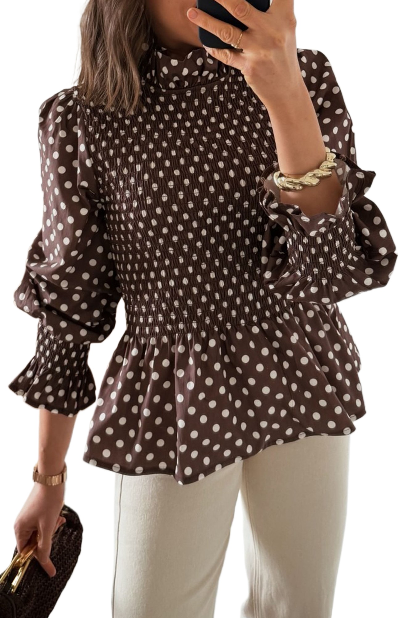 Women's Polka Dot Blouse, Elegant High Neck Shirred Top - Main View