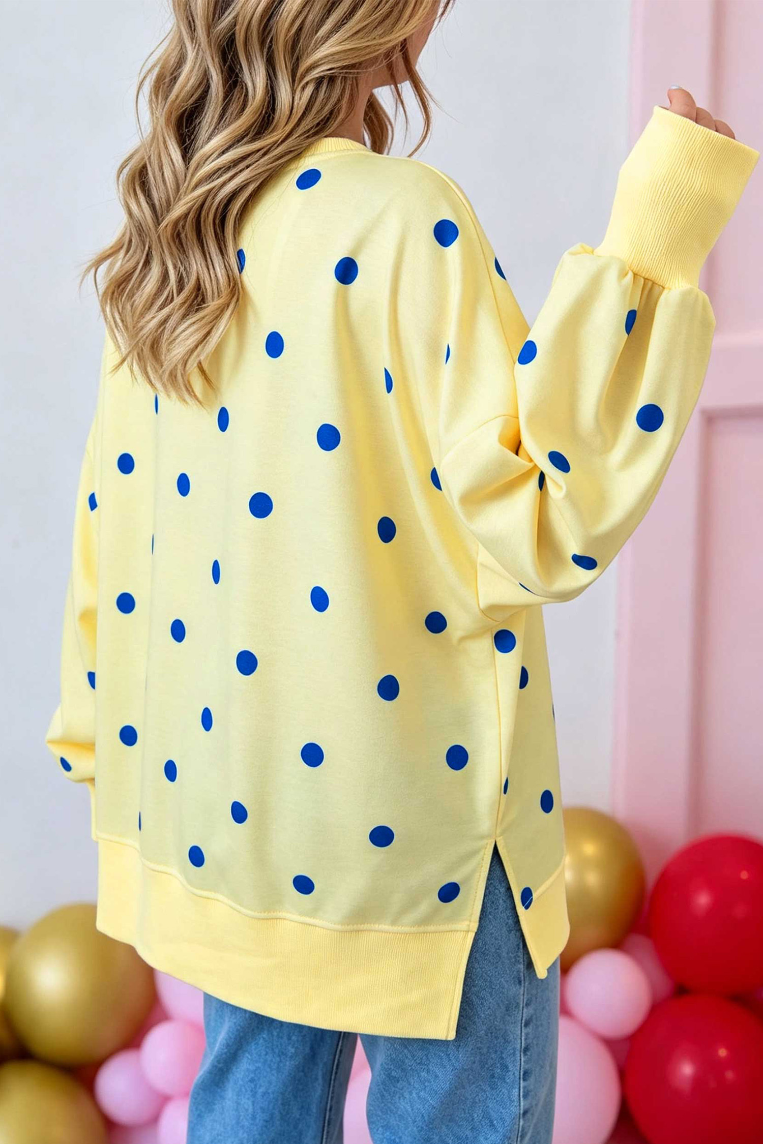 Yellow Polka Dot Sweatshirt, Casual Split Hem Long Sleeve Top - Detail View 2