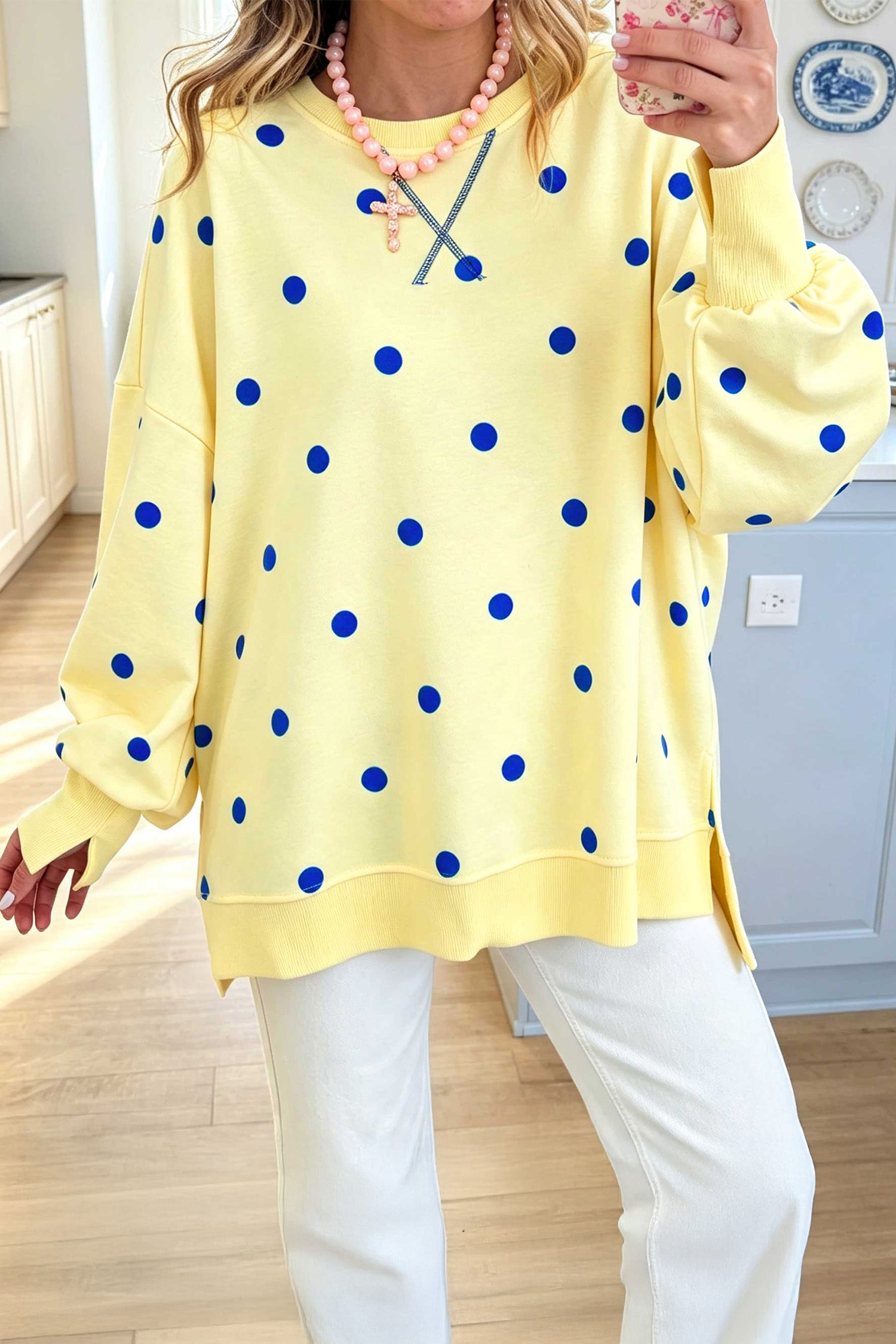 Yellow Polka Dot Sweatshirt, Casual Split Hem Long Sleeve Top - Detail View 5