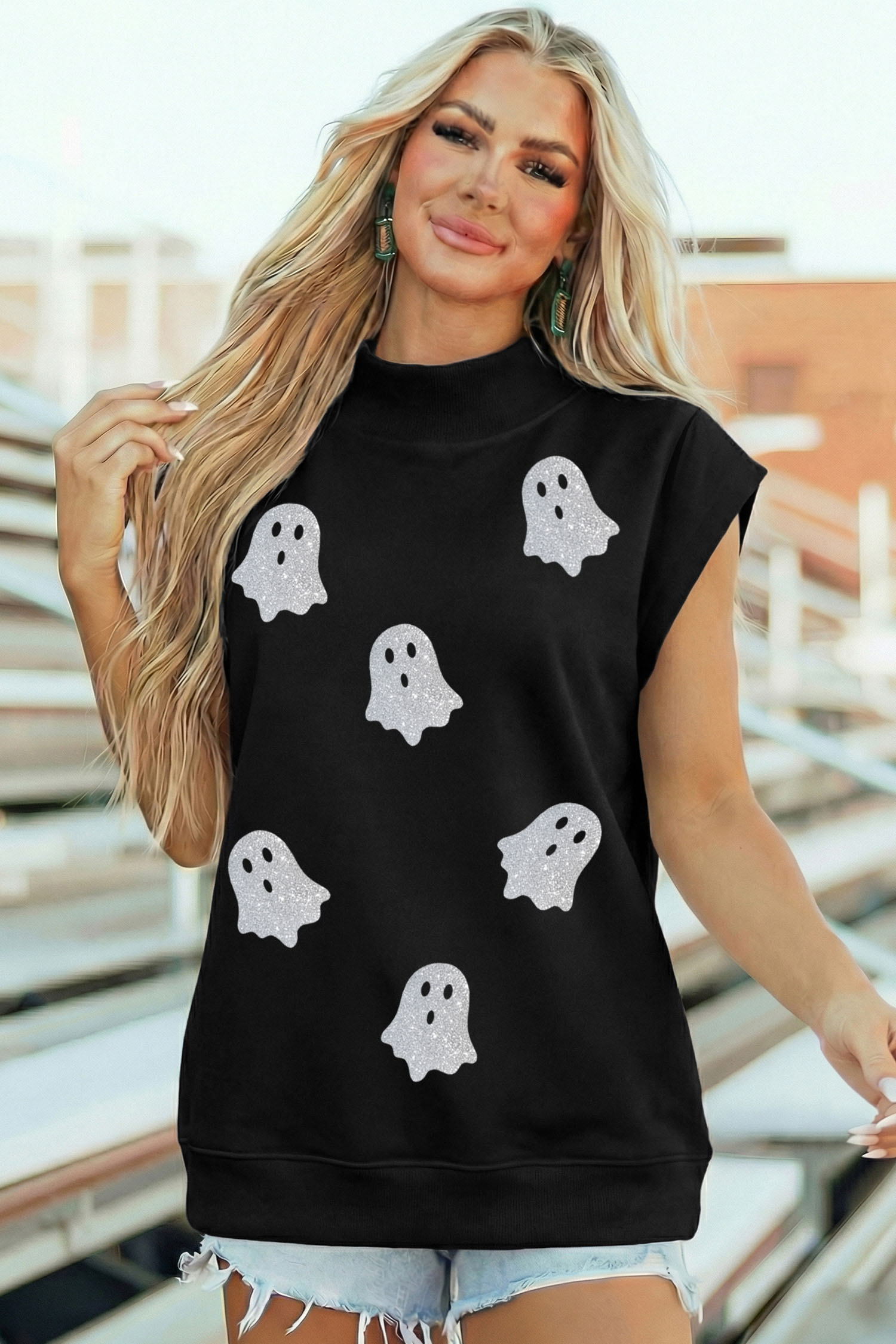 Women's Short Sleeve Ghost Tee, Black Holiday Casual Blouse - Detail View 9