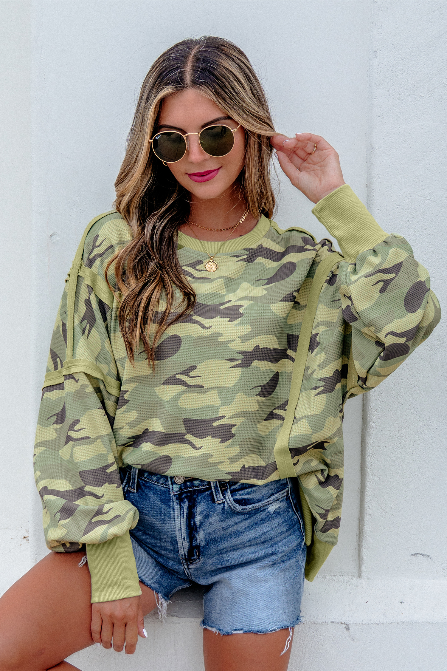 Women's Cozy Waffle Knit Top, Camo Print Long Sleeve Daily - Detail View 6