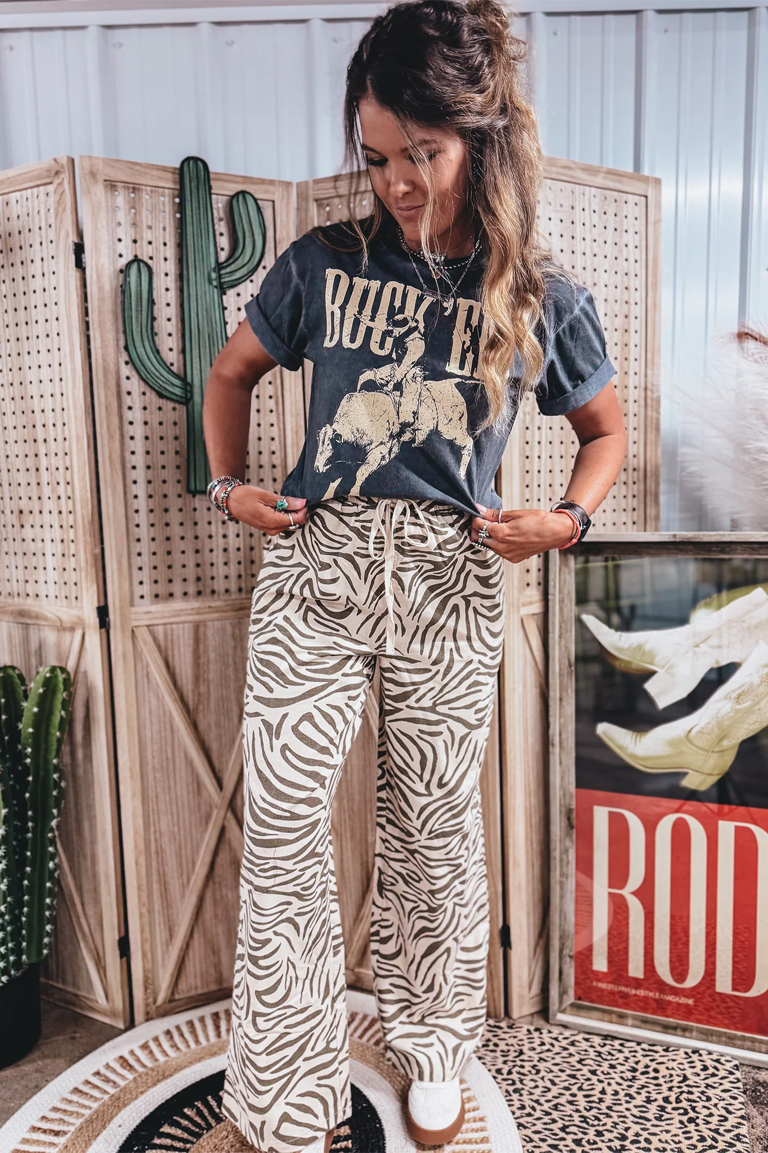 Casual Zebra Pattern Pants, High Waist Elastic Comfort Fit - Detail View 8