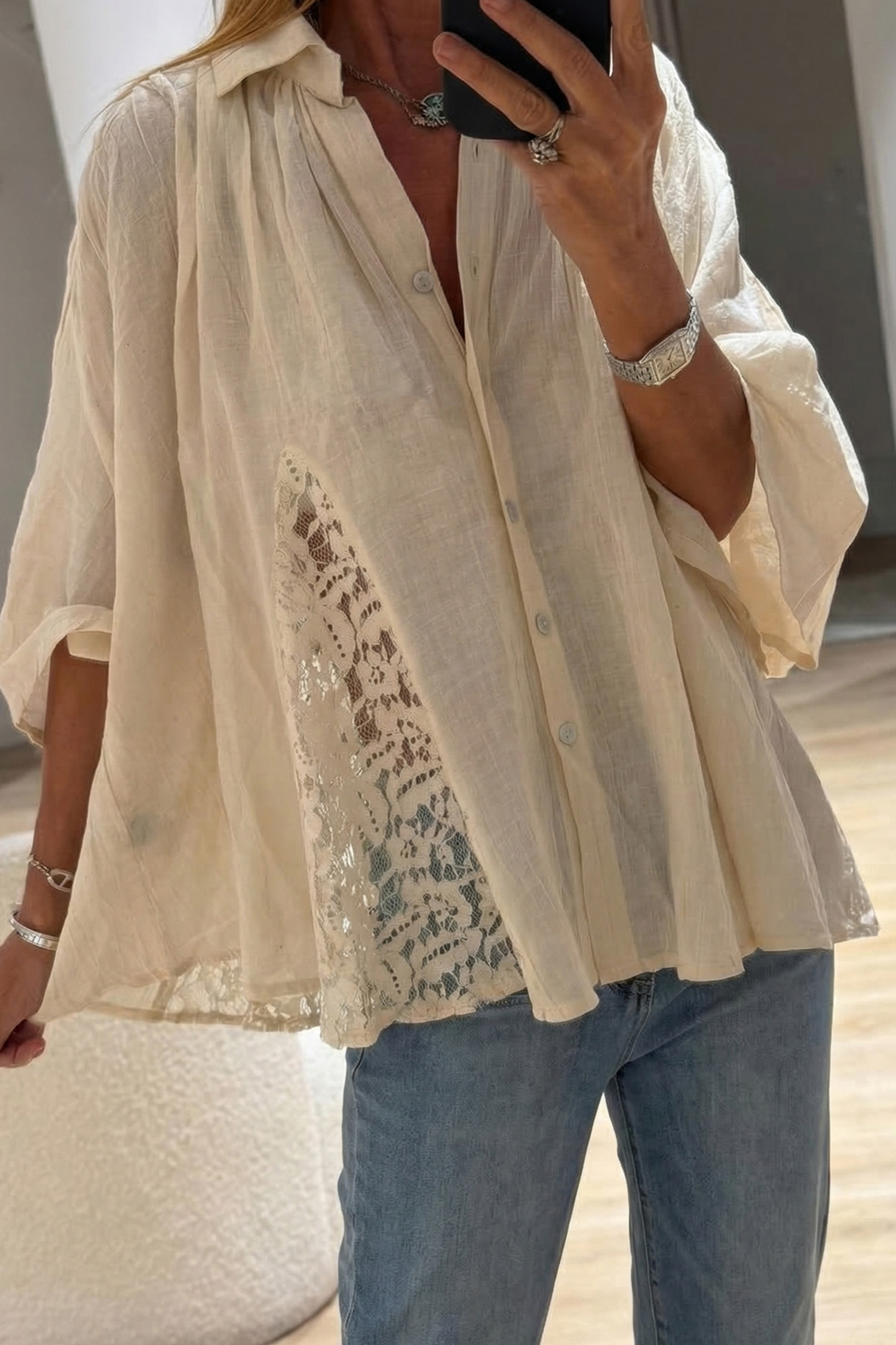 Women's Bracelet Sleeve Shirt, Oatmeal Flowy Vacation Blouse - Detail View 6