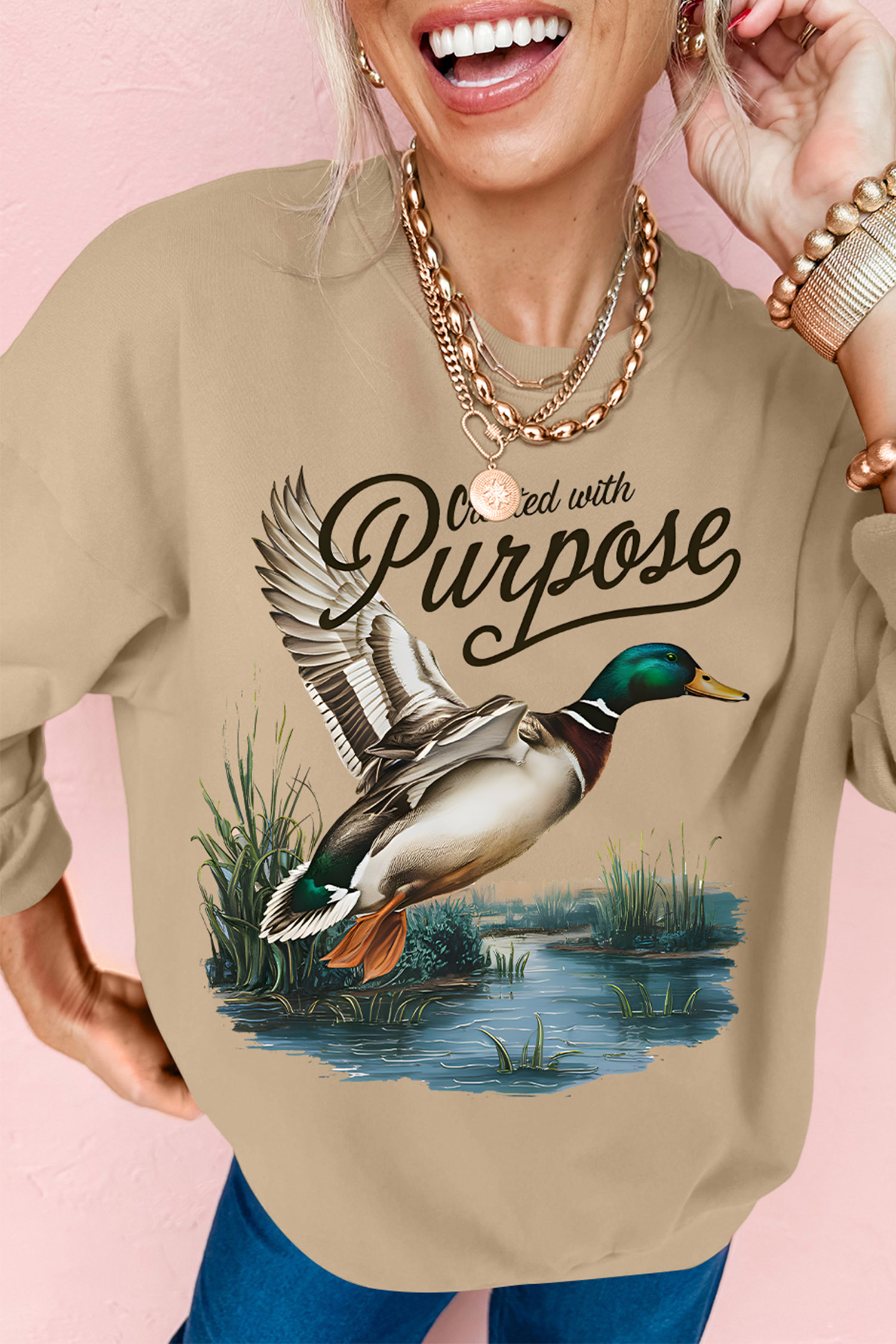 Western Mallard Print Pullover, Casual Khaki Crewneck Top - Detail View 5