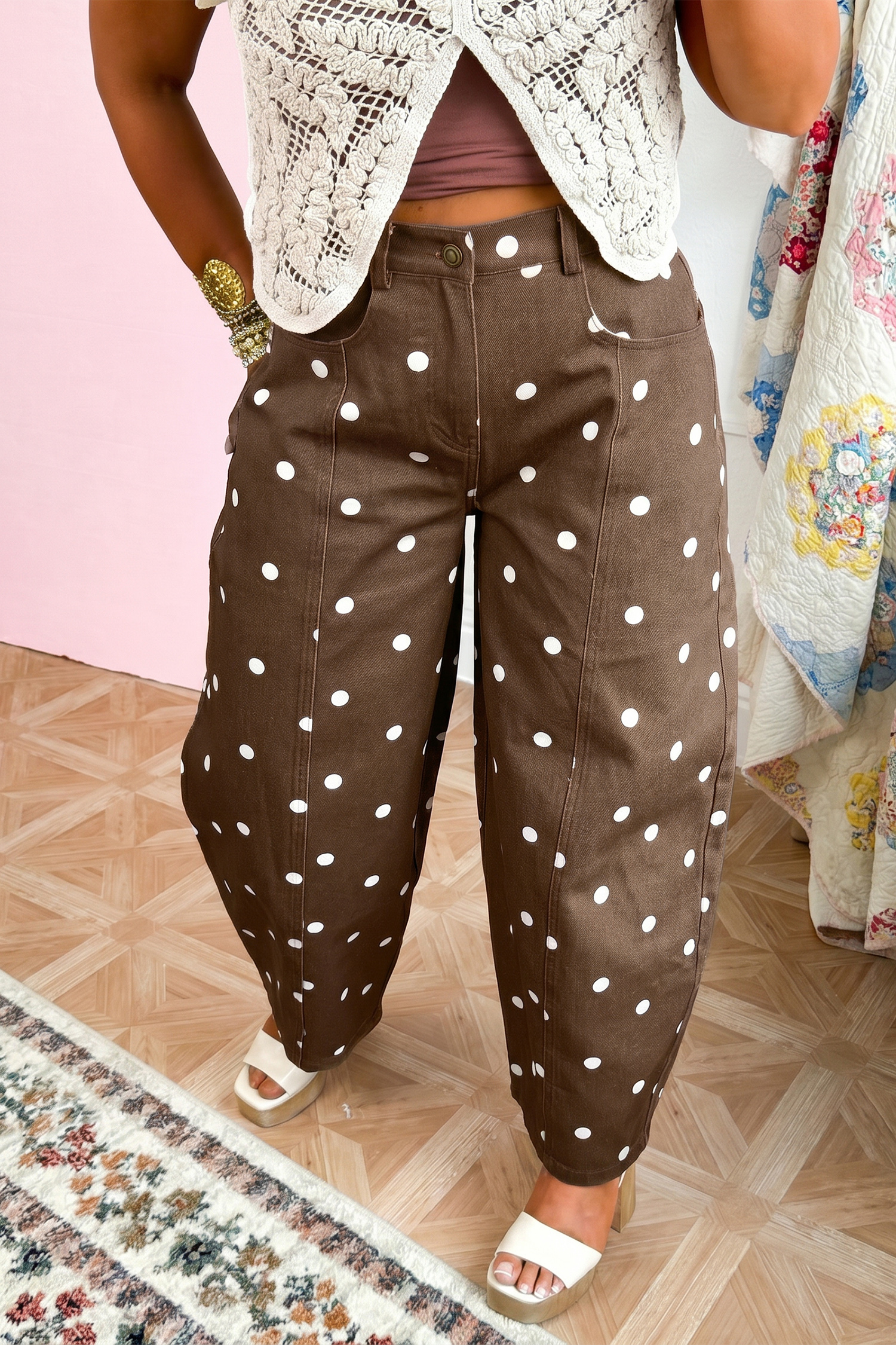 Brown Polka Dot Denim Jeans, Wide Leg Casual Barrel Pants - Detail View 5