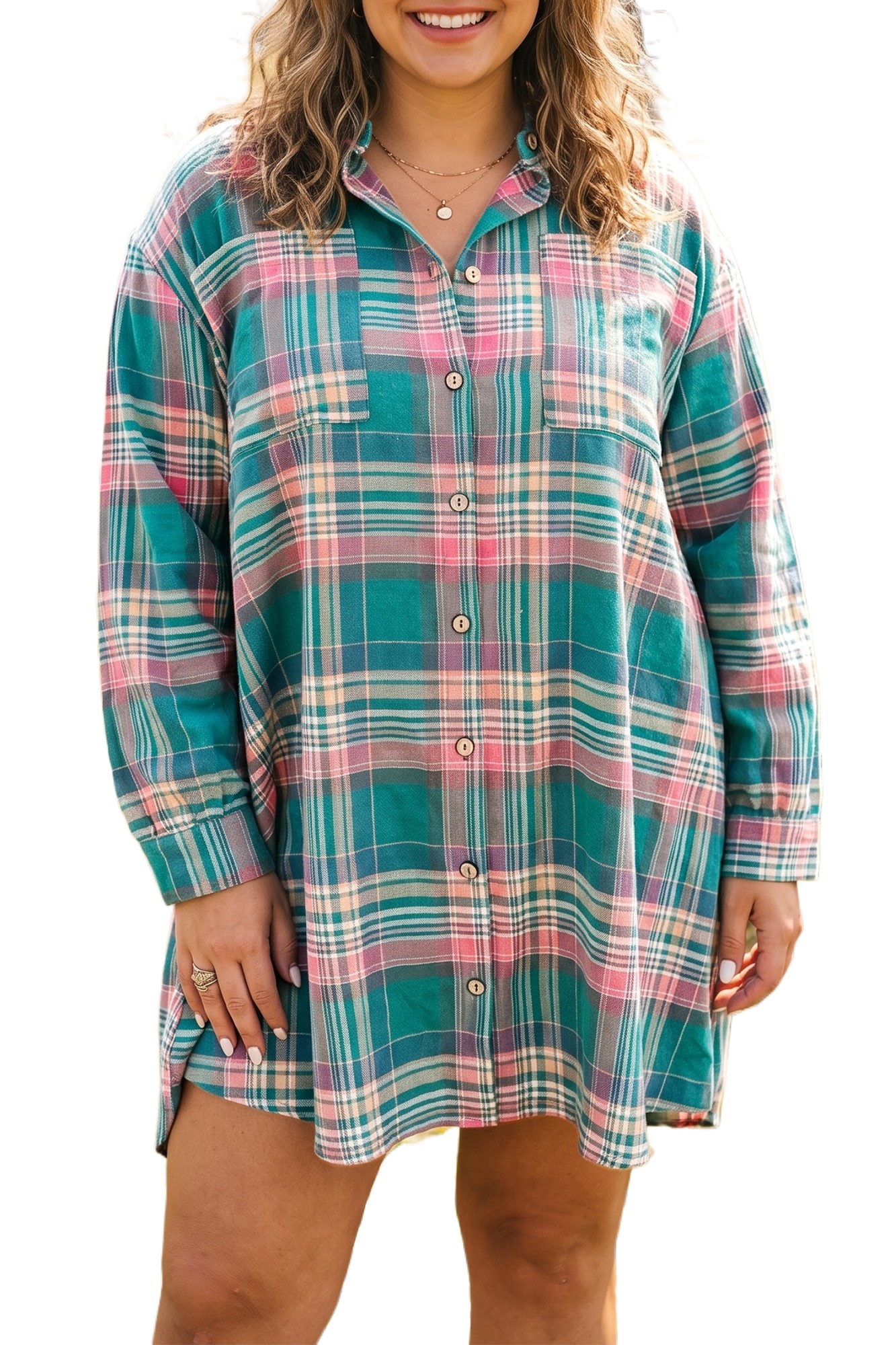 Women's Plaid Button Up Dress, Casual Long Sleeve Shift Fit - Main View