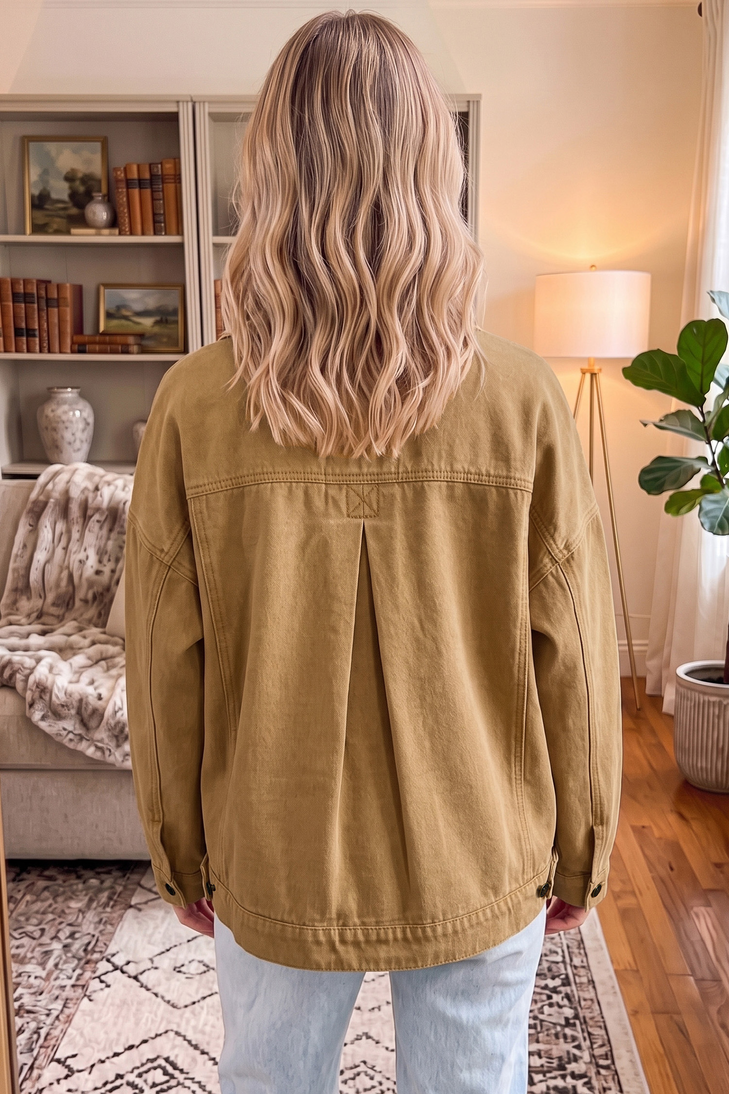 Casual Denim Jacket for Women, Honey Gold Long Sleeve Coat - Detail View 2