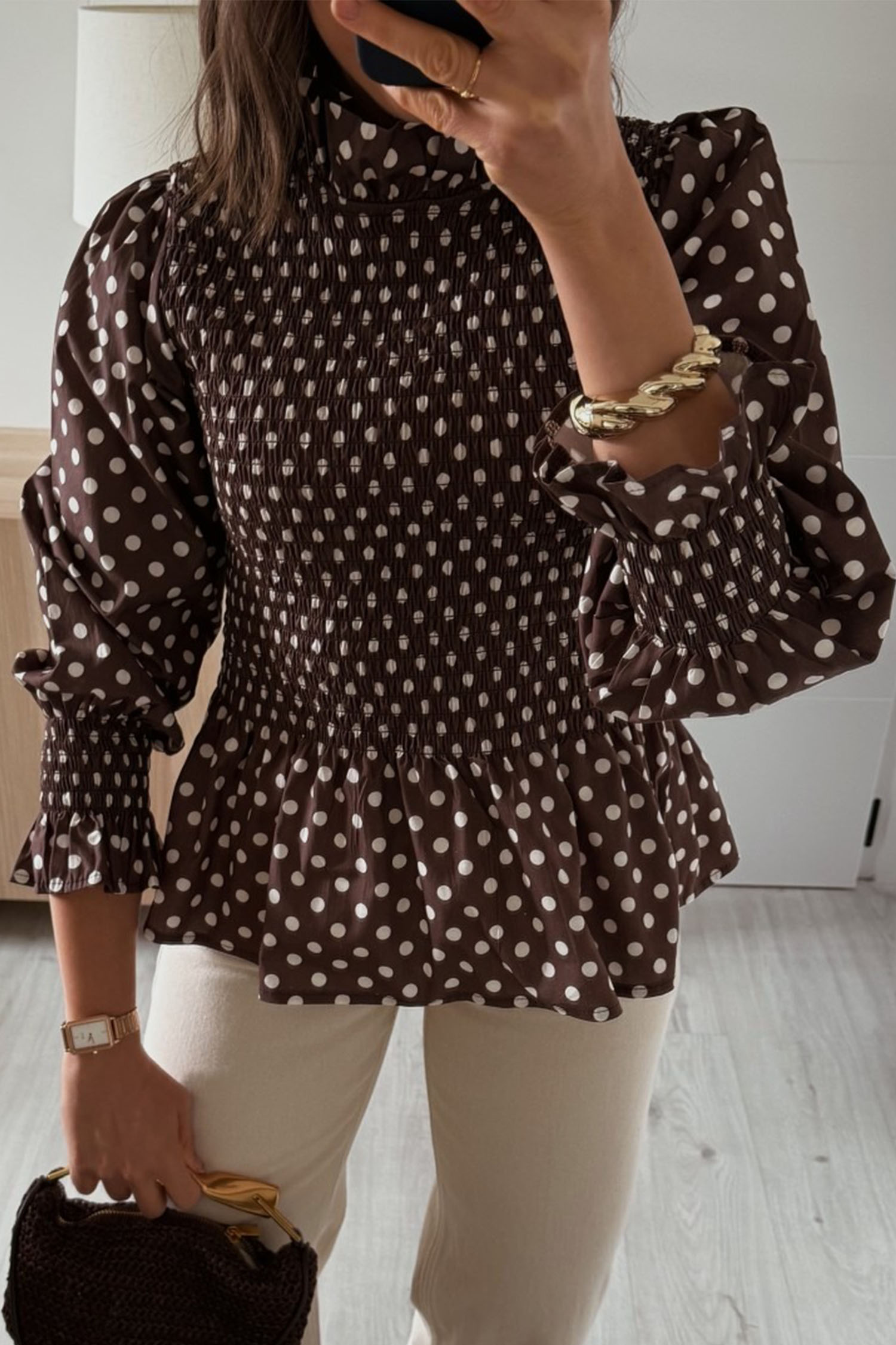Brown Polka Dot Blouse, Long Sleeve Shirred Ruffle Hem Top - Detail View 5
