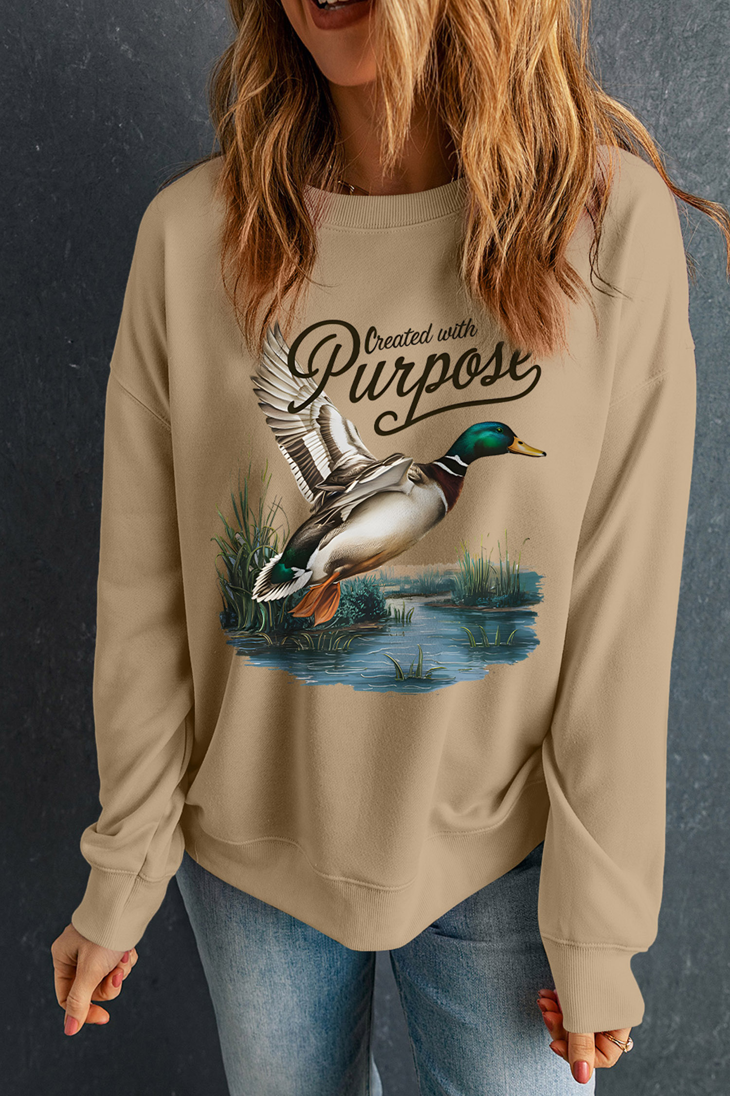 Khaki Long Sleeve Sweatshirt, Women's Graphic Mallard Shirt - Detail View 6
