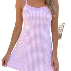 Women's Pink Gingham Dress, Active Sleeveless Mini Outfit - Main View
