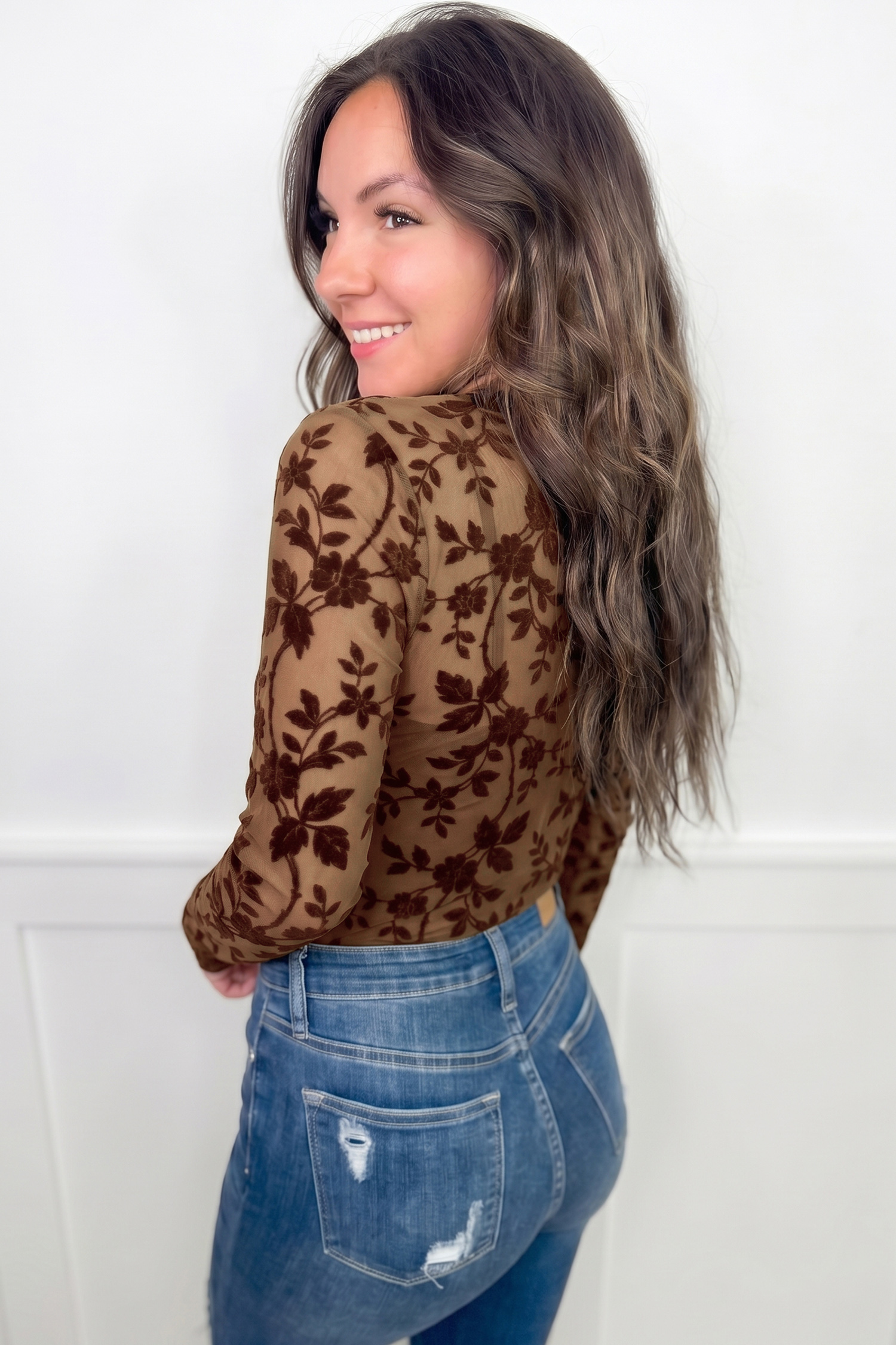 Sexy Floral Mesh Round Neck Top, Fitted Long Sleeve Blouse - Detail View 2