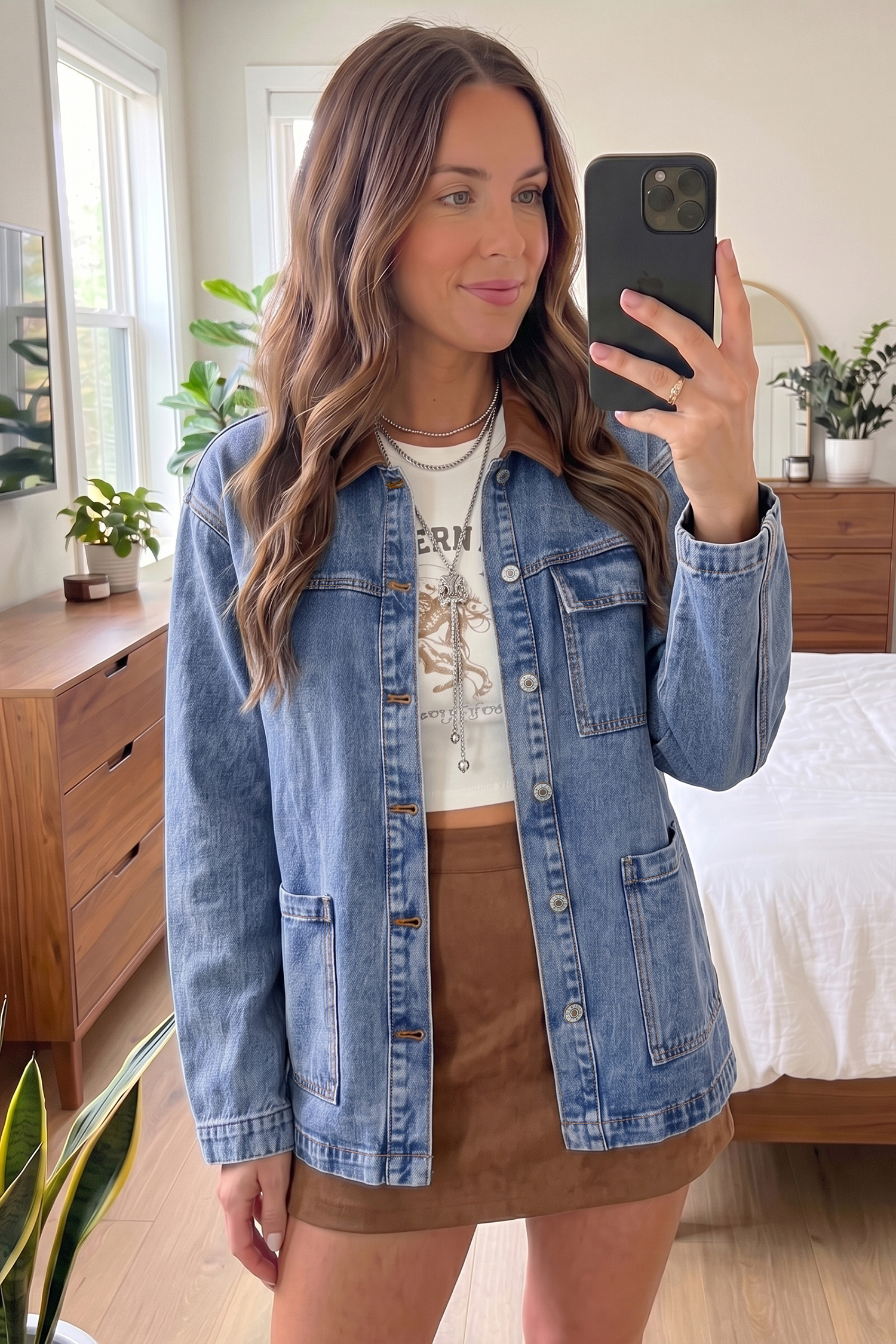 Classic Denim Jacket, Women's Autumn Pocket Detail Shift Top - Detail View 3