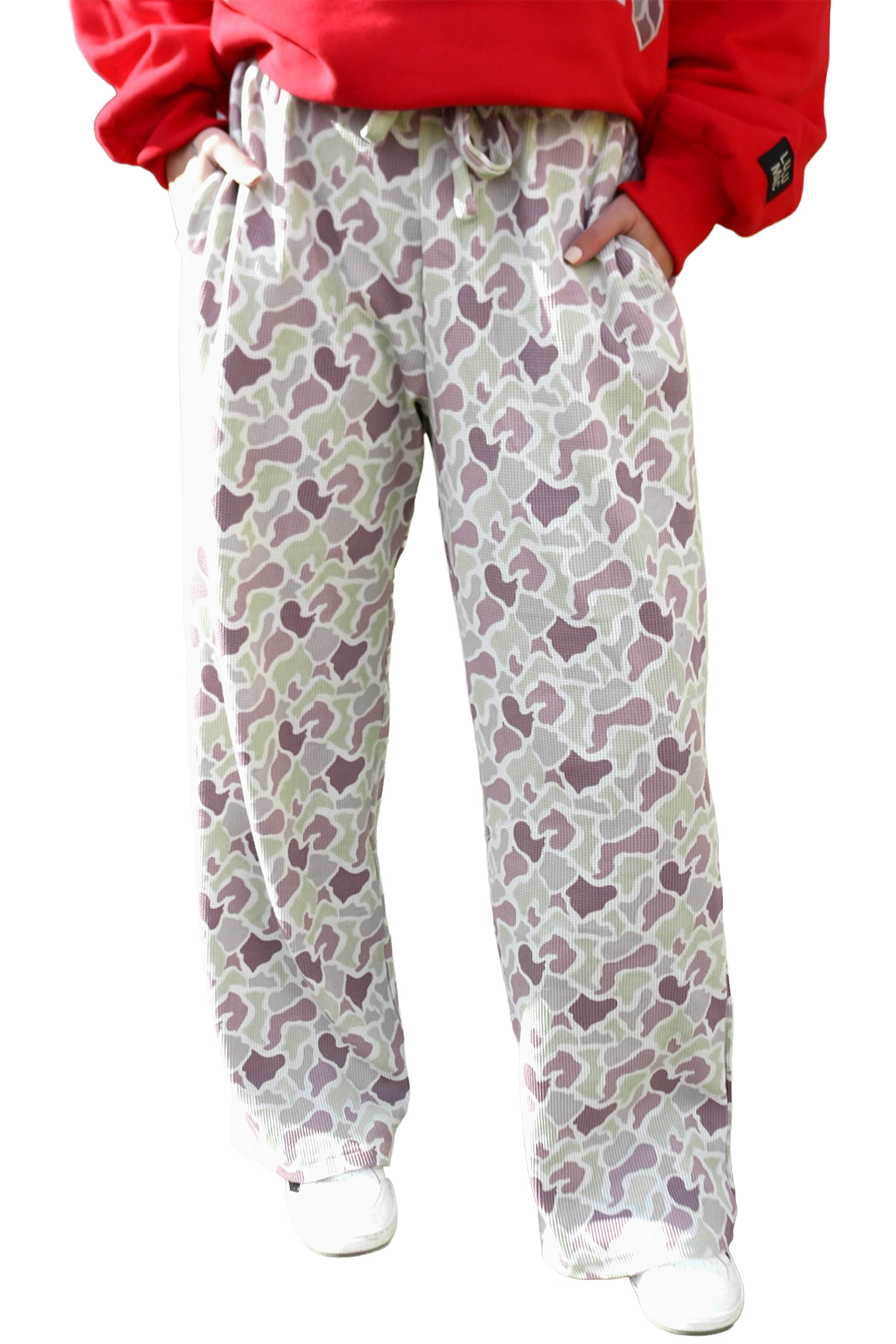 Women's Camo Waffle Knit Pants, Casual Wide Leg Lounge Trousers - Main View