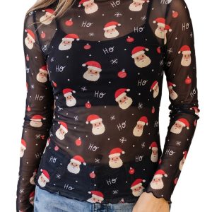 Women's Santa Print Top, Sheer Long Sleeve Holiday Shirt - Main View