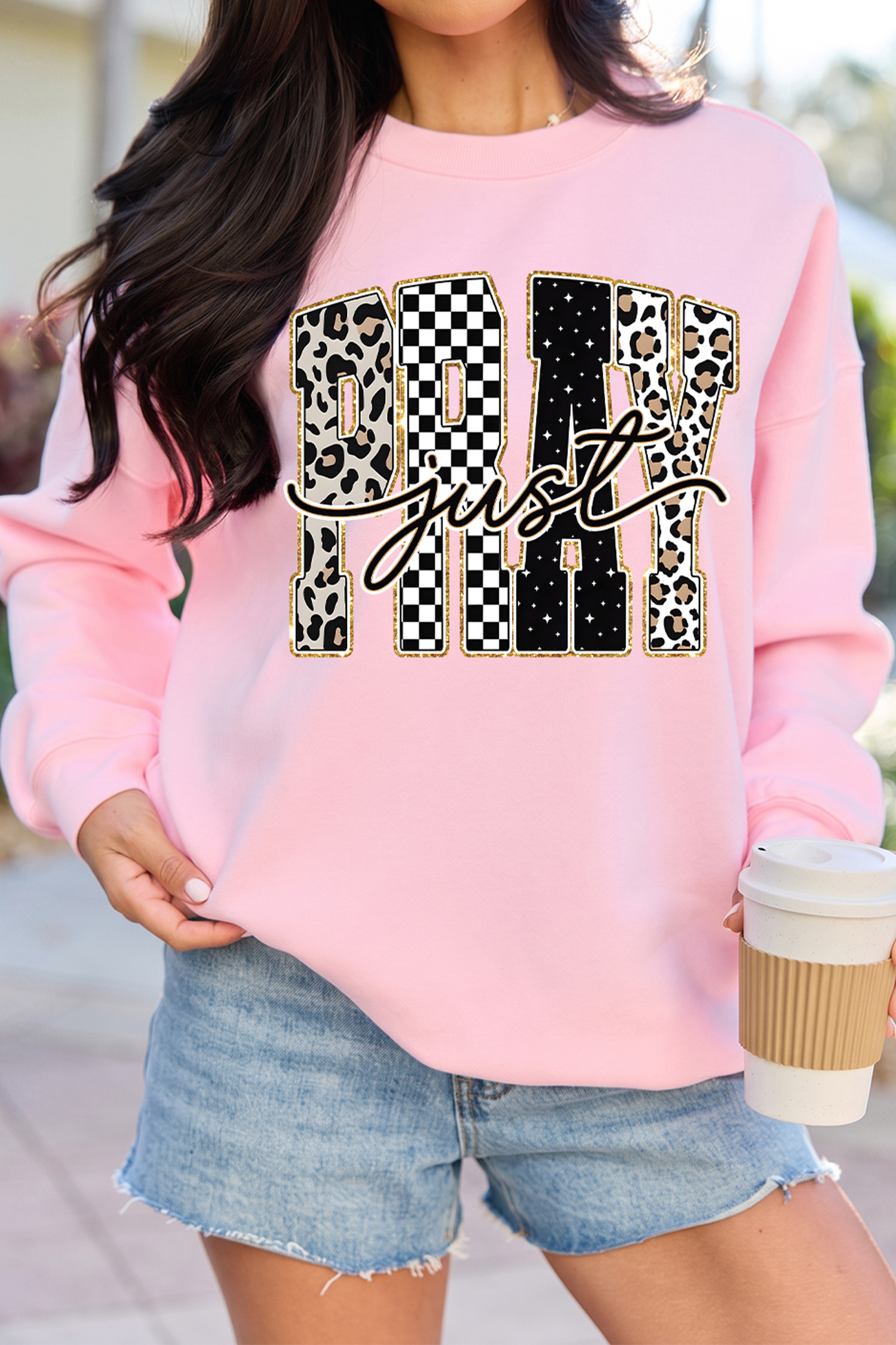 Women's Just Pray Sweatshirt, Casual Crewneck Pullover - Detail View 7