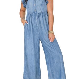 Women's Denim Jumpsuit, Ruffled V Neck Wide Leg Summer Outfit - Main View