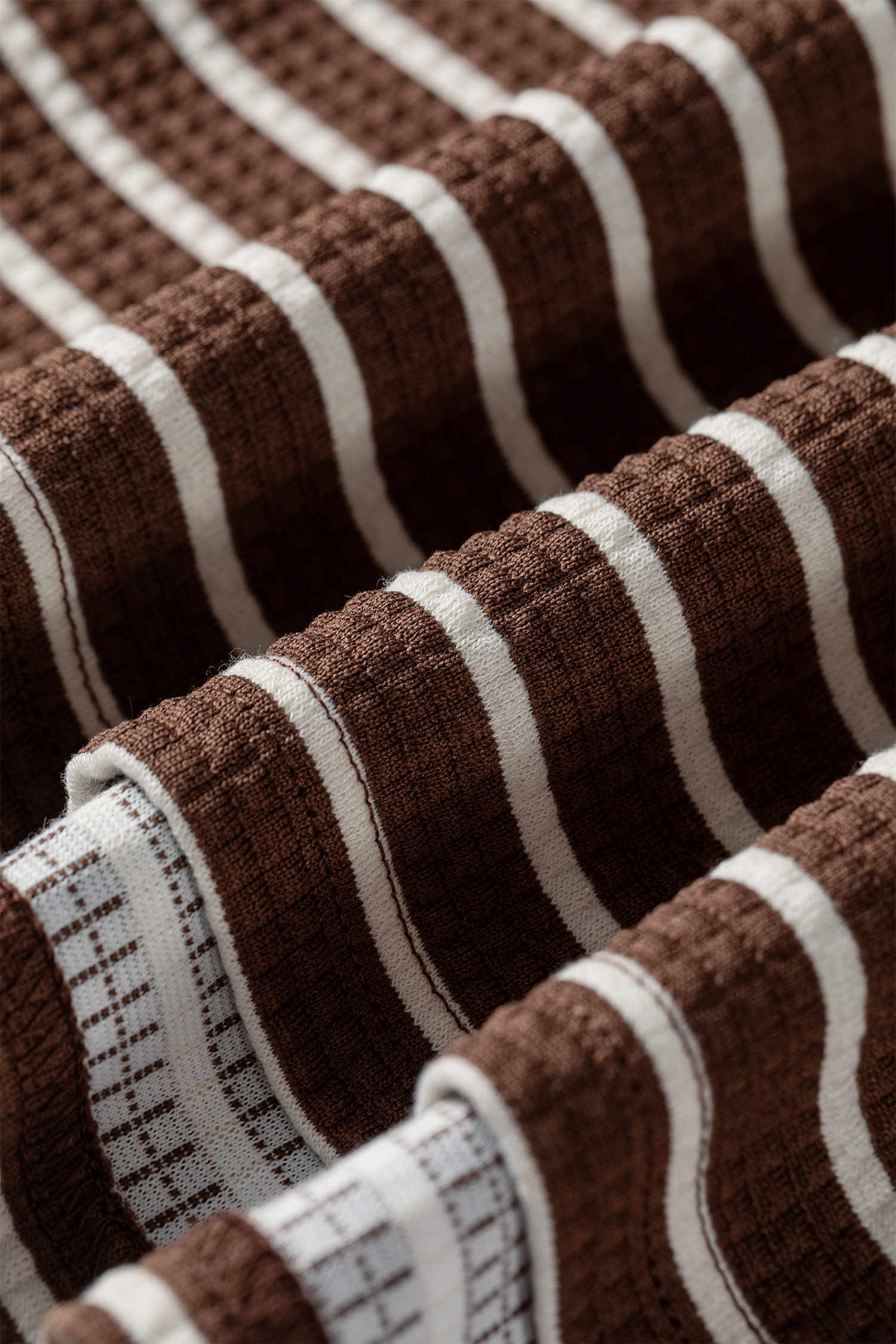 Women's Brown Stripe Pullover, Casual Waffle Knit Long Sleeve - Detail View 16