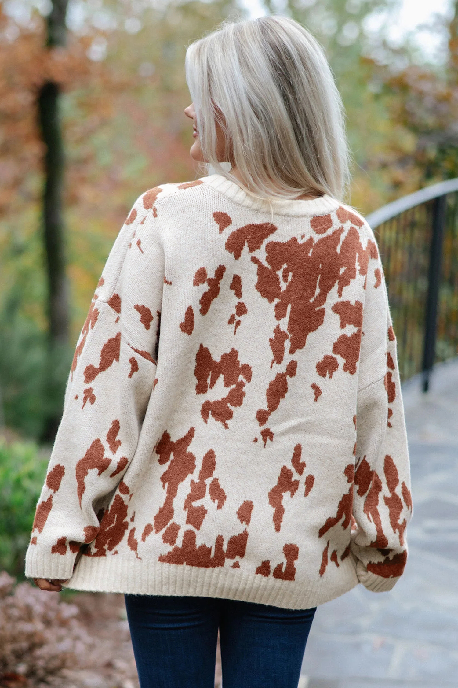 Casual Drop Shoulder Sweater, Women's Khaki Abstract Knit - Detail View 5