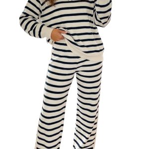 Women's Striped Sweater Set, Casual Long Sleeve Lounge Outfit - Main View