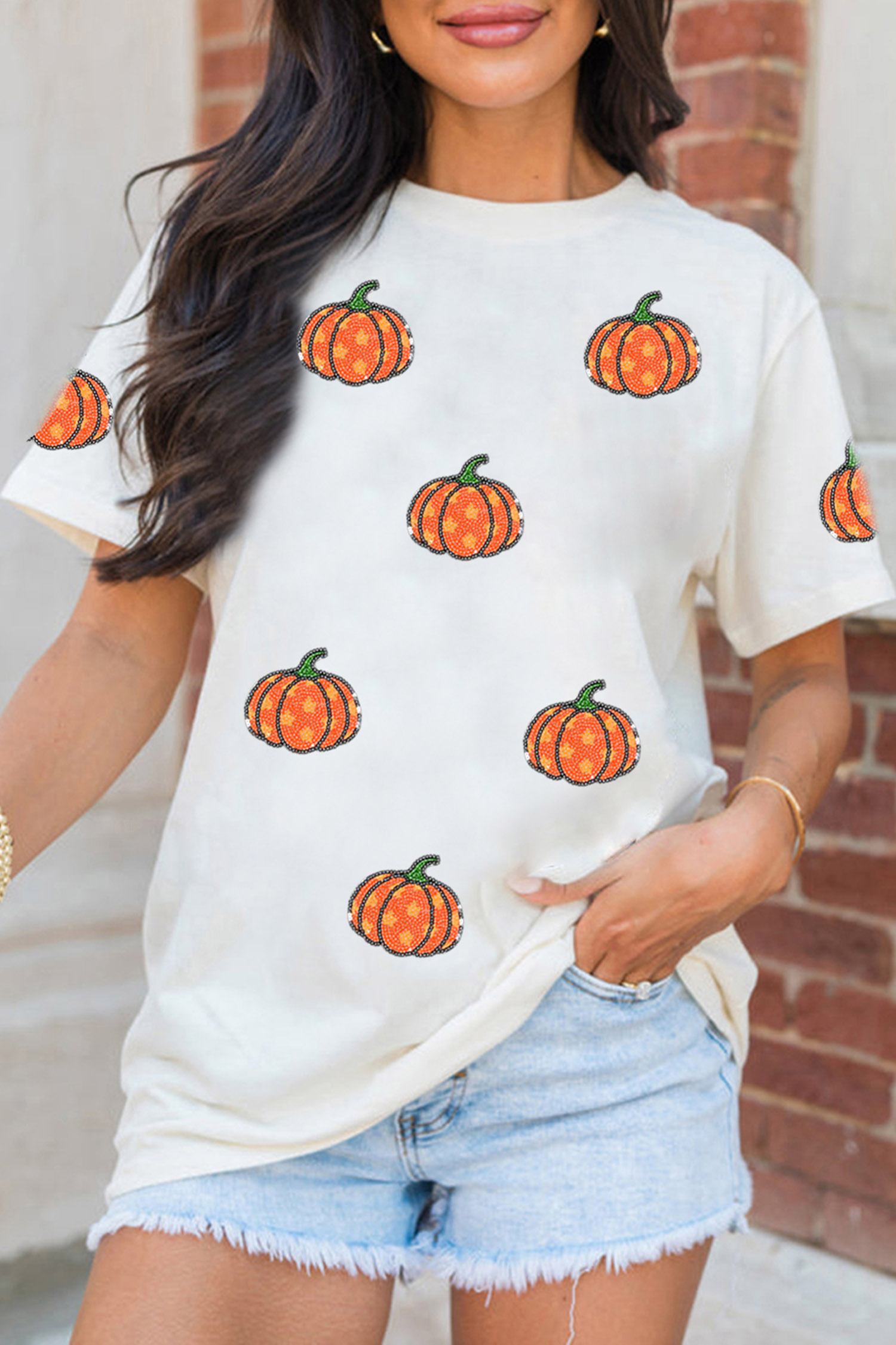 Casual Pumpkin Sequin T Shirt, Short Sleeve Autumn Tee - Detail View 5