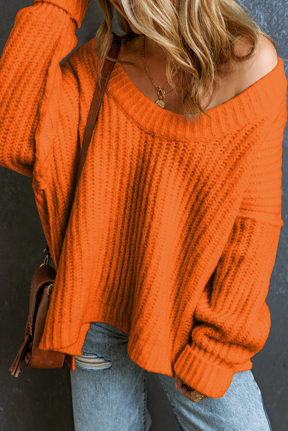 Oversized V Neck Knit Sweater, Cozy Orange Long Sleeve Top - Detail View 2