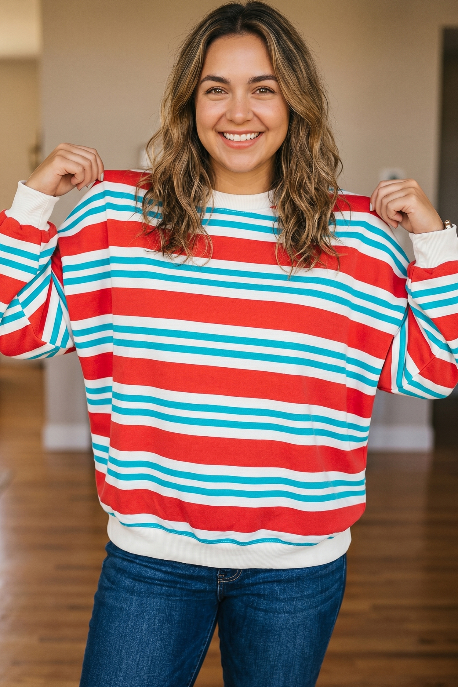 Colorblock Striped Pullover, Autumn Casual Crewneck Top - Detail View 2