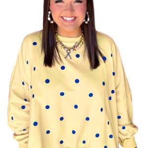 Women's Yellow Polka Dot Top, Casual Long Sleeve Crewneck - Main View