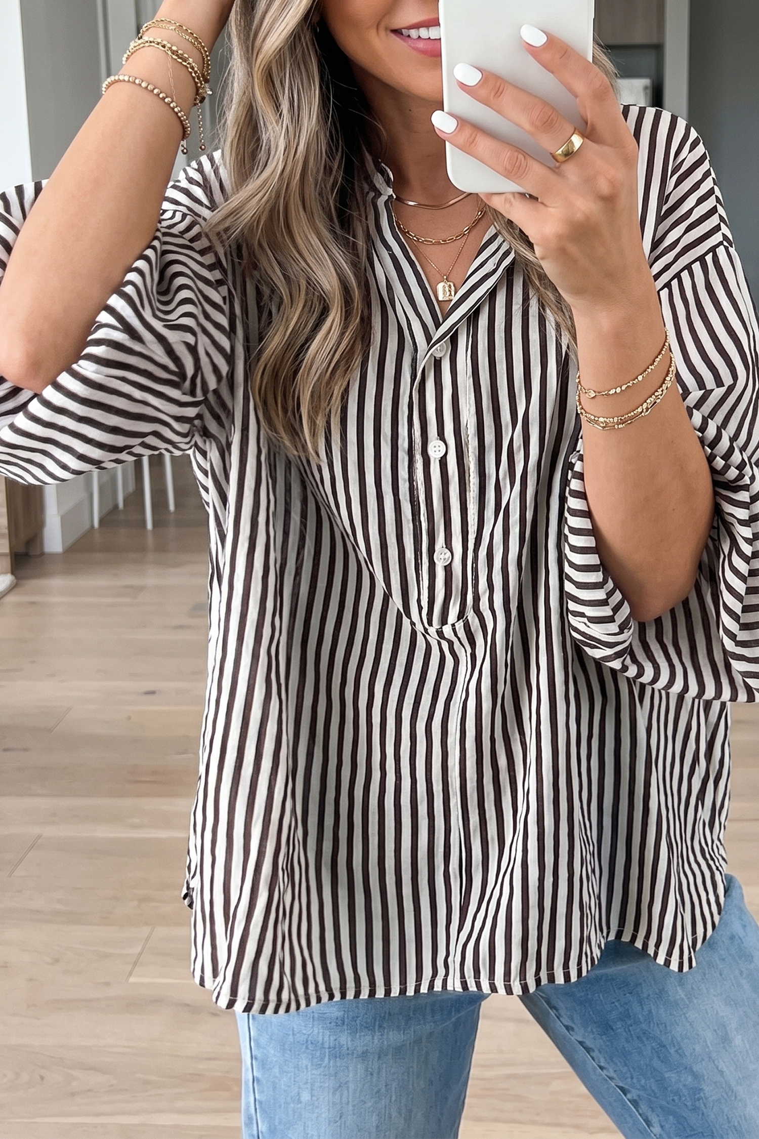 Black Striped Blouse, Relaxed Fit Half Sleeve Top - Detail View 2