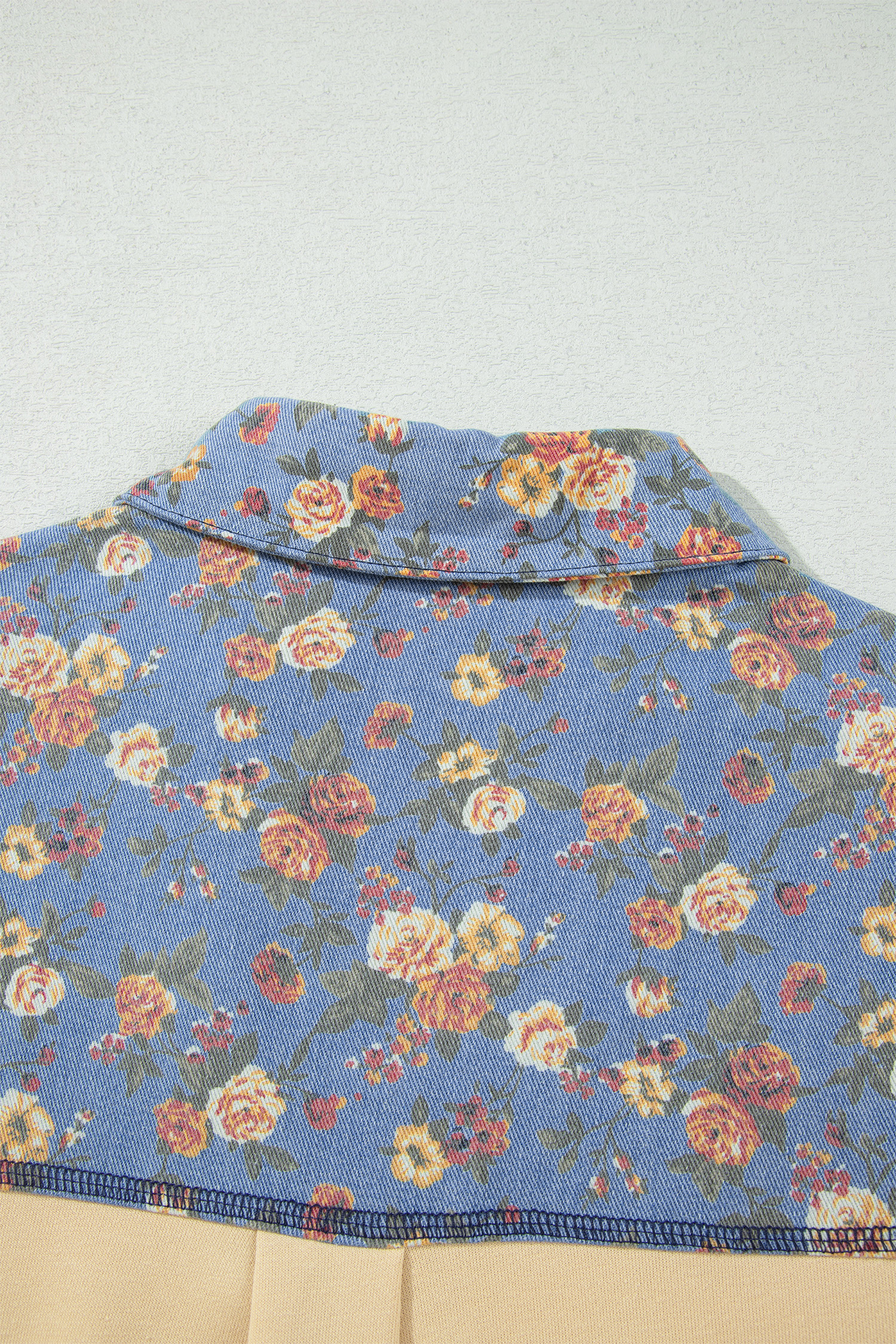 Apricot Floral Denim Pullover, Chic Contrast Trim Blouse - Detail View 11