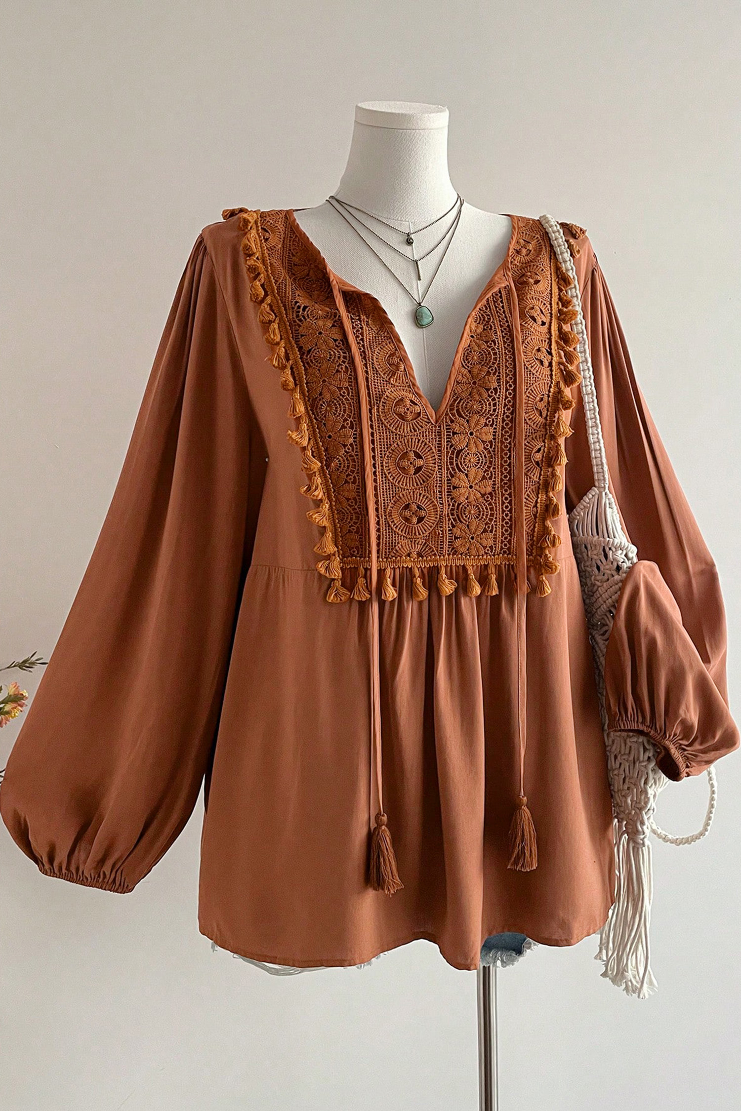 Women's Boho V Neck Blouse, Long Sleeve Embroidered Tunic - Detail View 5