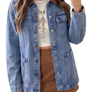 Women's Denim Jacket, Sky Blue Patchwork Button Down Coat - Main View