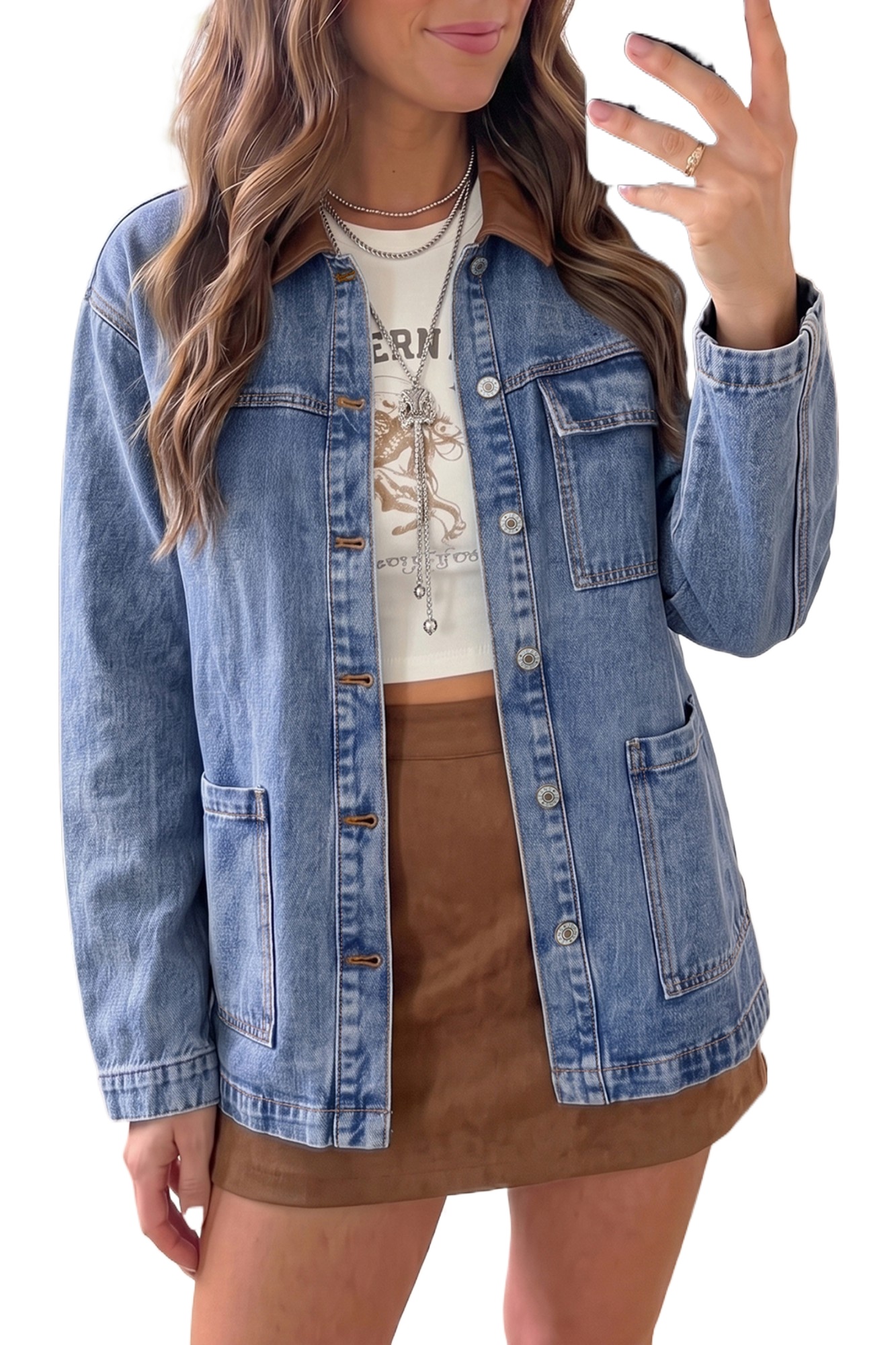 Women's Denim Jacket, Sky Blue Patchwork Button Down Coat - Main View