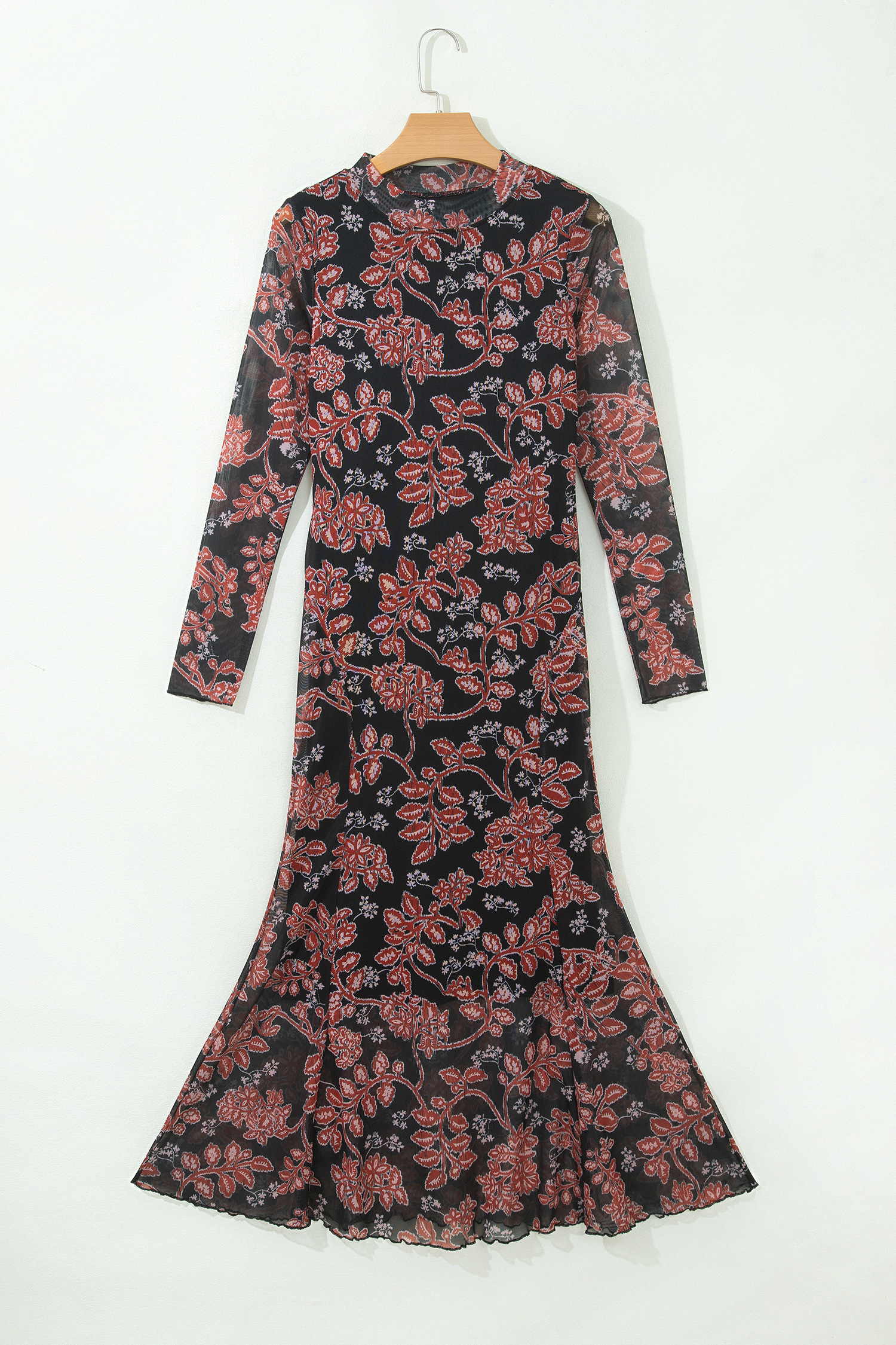 Women's Floral Mesh Dress, Long Sleeve Autumn Maxi Silhouette - Detail View 7